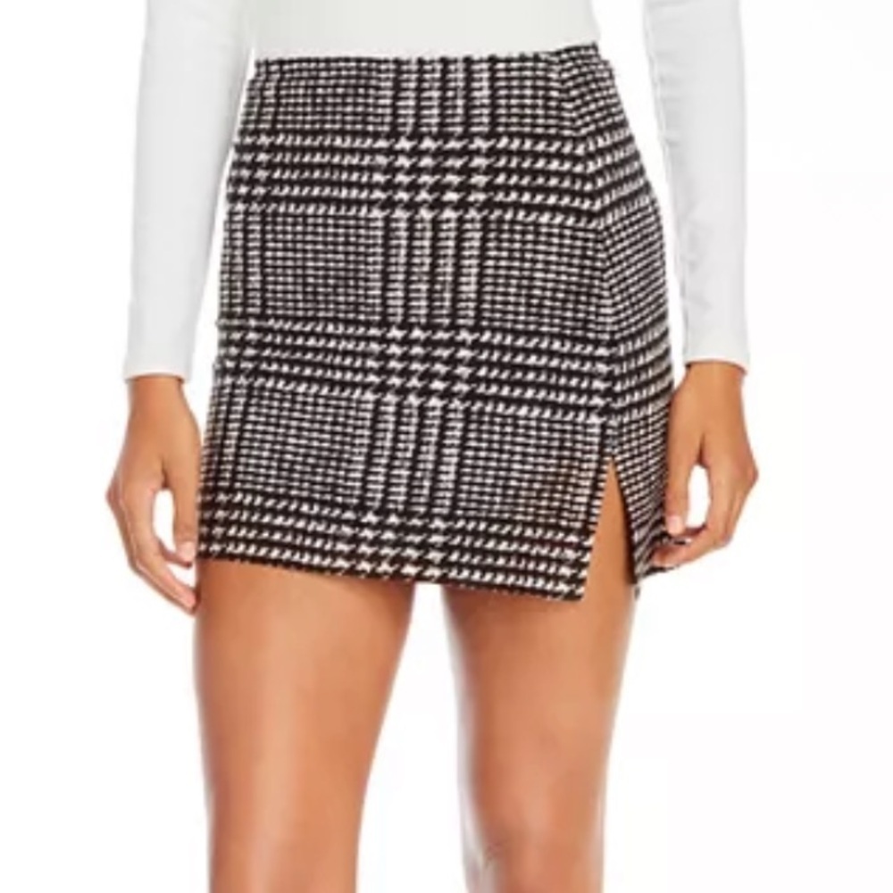 Norma Kamali mini skirt side slit Glenn plaid chocolate stretch M